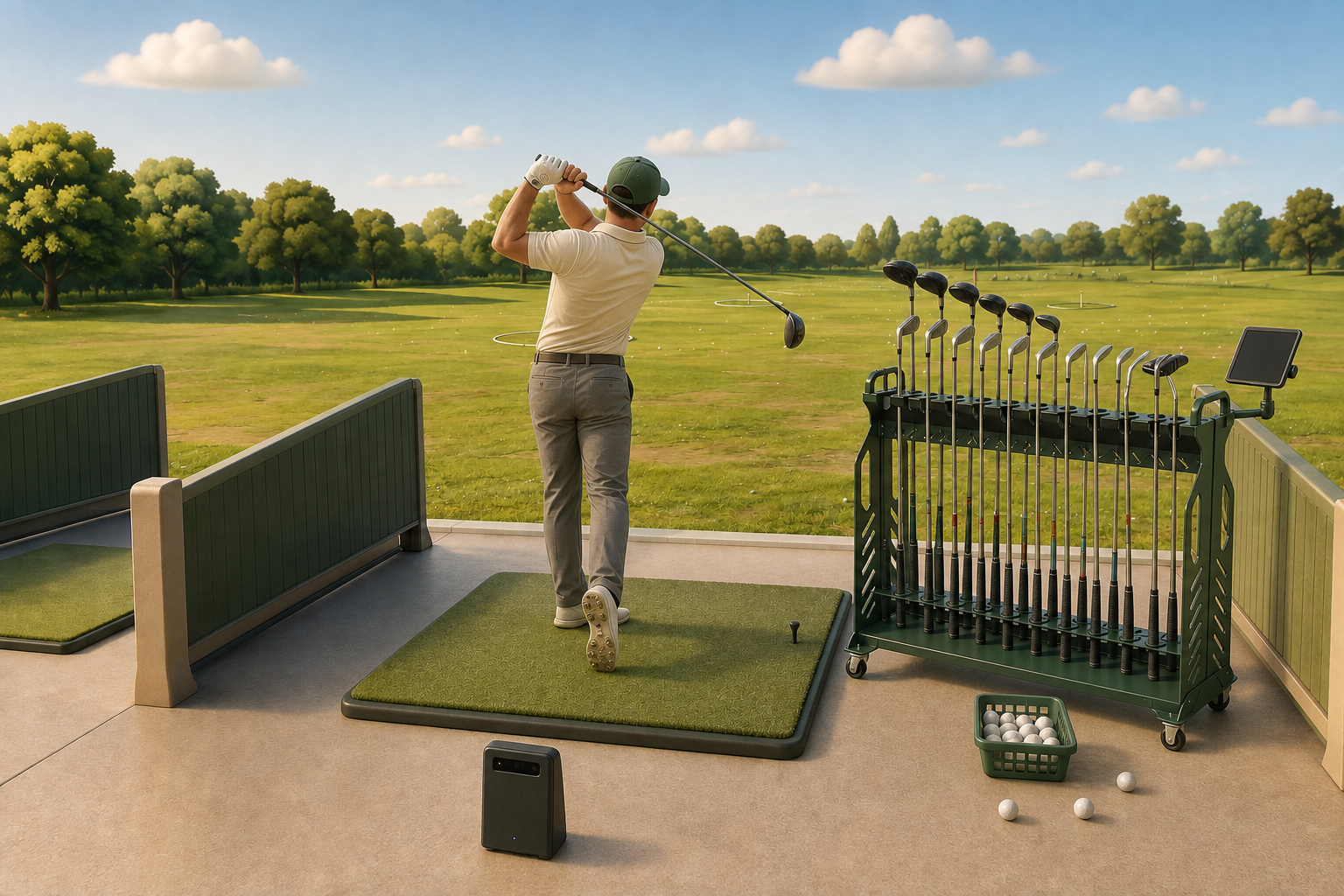Clay-style illustration of a golfer using a mobile SwingOutside demo-club rack and portable launch monitor at an ordinary outdoor driving range